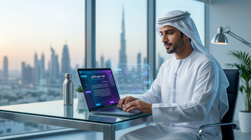 محترف خليجي يستخدم أداة ذكاء اصطناعي للكتابة العربية في بيئة عمل احترافية