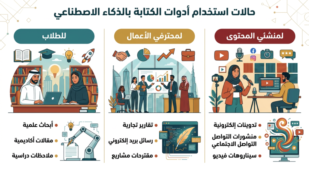 مخطط سيناريوهات استخدام أدوات الكتابة بالذكاء الاصطناعي للطلاب والمحترفين وصناع المحتوى
