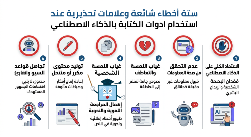 قائمة الأخطاء الستة الشائعة عند استخدام أدوات الكتابة بالذكاء الاصطناعي مع إشارات تحذيرية
