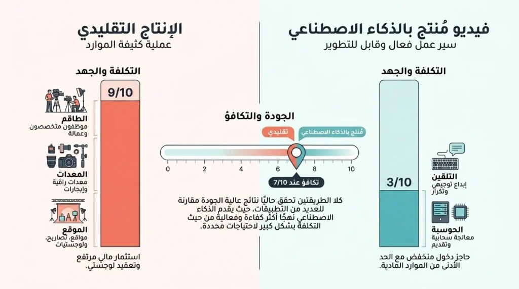مقارنة تكلفة إنتاج الفيديو التقليدي مقابل الفيديو المُولّد بالذكاء الاصطناعي 2026