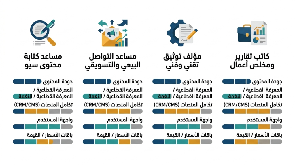 إنفوغرافيك مقارنة أربع أدوات كتابة ذكاء اصطناعي للشركات الخليجية بمؤشرات الامتثال واللهجة والتكلفة