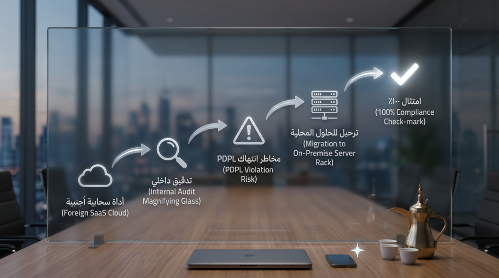 مخطط بصري يوضح مسار التحول من SaaS أجنبي إلى تدقيق داخلي، خطر مخالفات PDPL، ترحيل إلى حل داخلي، ثم الامتثال الكامل، مع توهج فضة خفيفة داخل السهام يرمز للسيادة الرقمية – تصميم مكتب حديث في الرياض