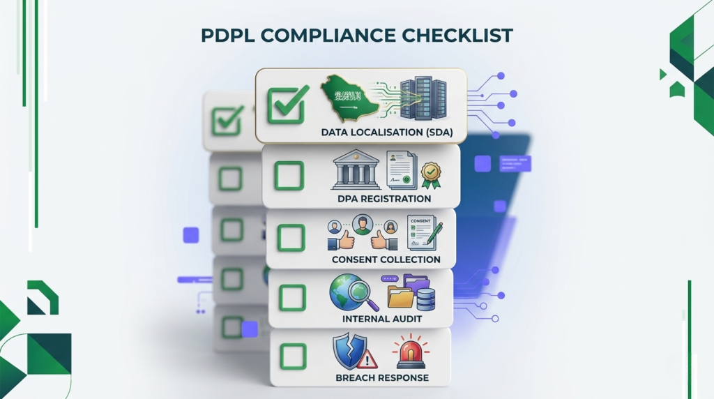 مخطط توضيحي لقائمة التحقق من امتثال PDPL، مربعات اختيار وأيقونات إنتاجية – تصميم نظيف يناسب لينكدإن 