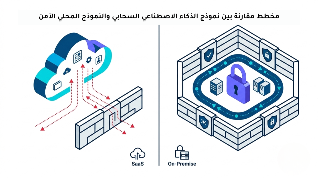 مخطط مقارنة بين نموذج الذكاء الاصطناعي السحابي والنموذج المحلي الآمن