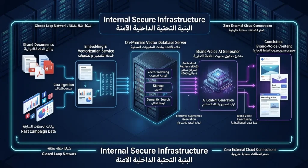 مخطط هيكلي لنظام ذكاء اصطناعي مؤسسي يعمل داخل شبكة داخلية آمنة لحماية بيانات العلامة التجارية.