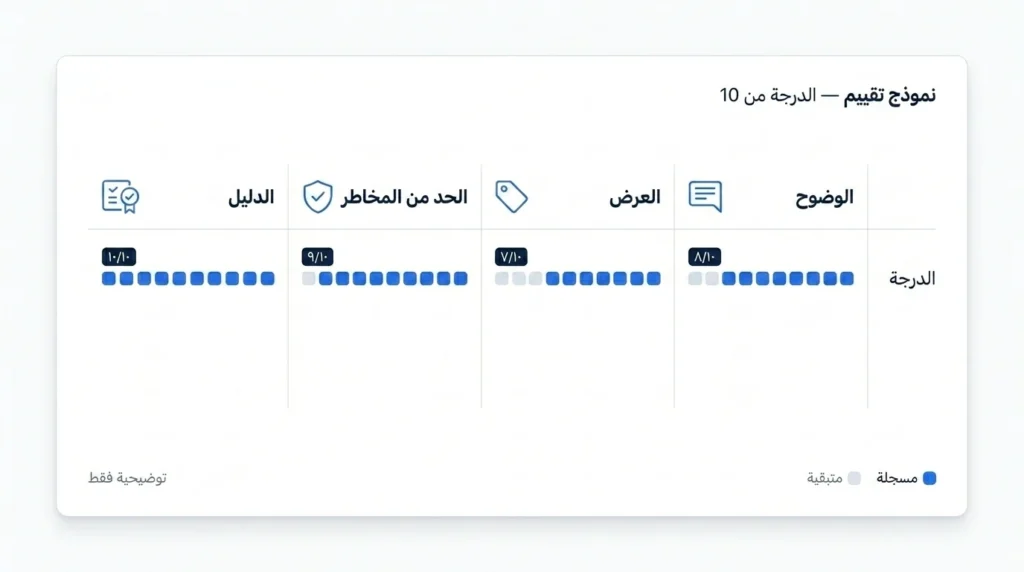 جدول لتقييم جودة الدعوة للإجراء وفق الوضوح والعرض وتقليل المخاطرة والدليل 